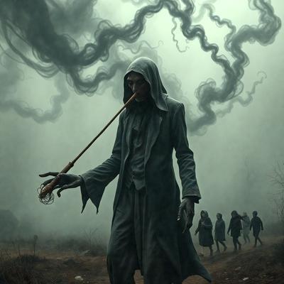 The primary subject of the image is a man dressed in a long robe, holding a pipe in his mouth. He appears to be a ghostly figure, possibly a vampire, and is walking through a foggy, dark environment. The setting includes a group of people walking behind him, possibly following him or accompanying him on his journey. The visual style of the image is a combination of photo and digital art, creating a haunting and mysterious atmosphere. The dominant colors are dark shades, such as black, gray, and brown, which contribute to the overall mood of the scene.